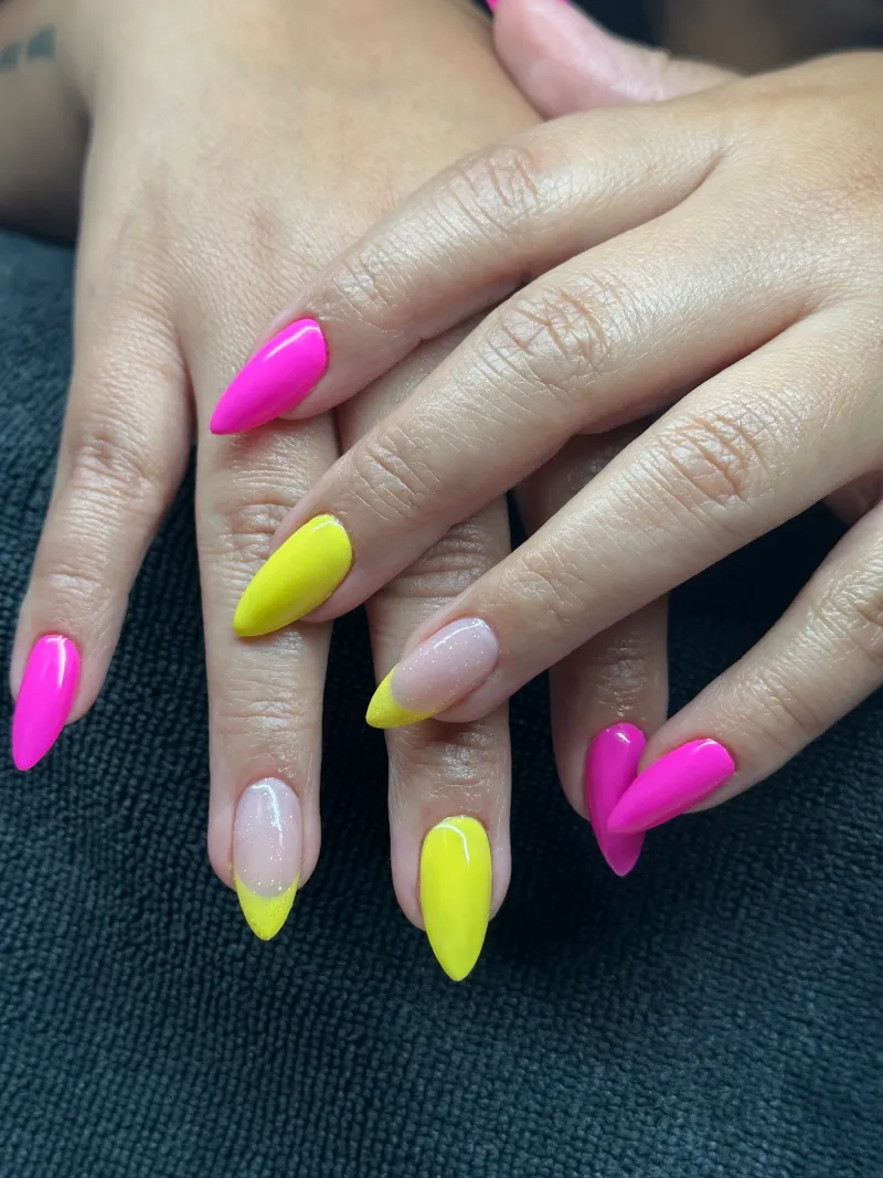 Neon pink and yellow almond nails