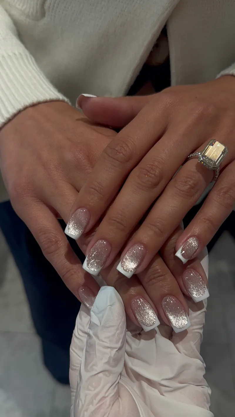 Sheer glitter French square nails with white tips